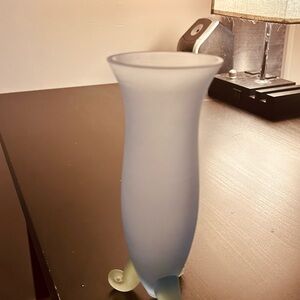Frosted blue art glass vase with green 3-footed base